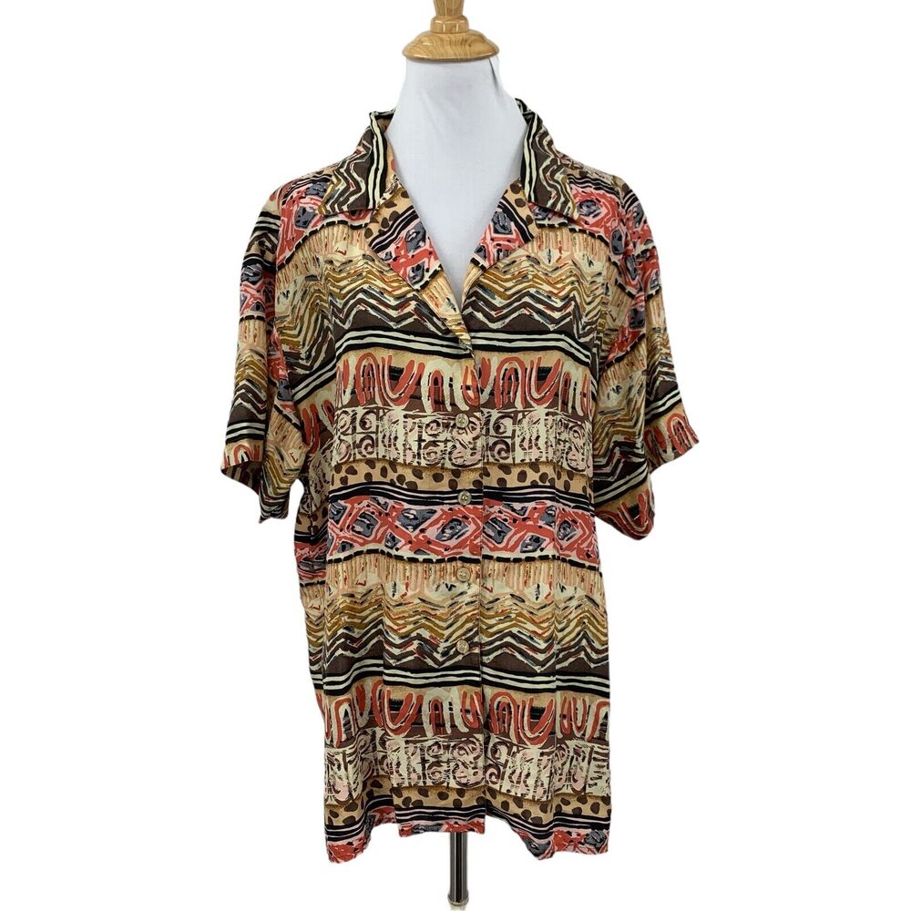 Oscar De La Renta Silk Shirt Womens Plus 1X Brown Multi Boho Button Front Top